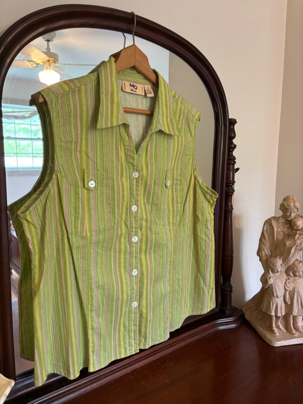 Lime Stripe Sleeveless Button-Down Shirt Linen Blend Size 2X